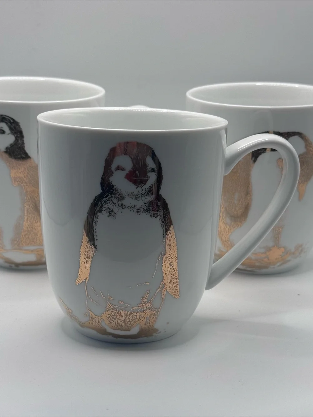 PIER 1 Gold Foiled Emperor Penguin Porcelain Mugs/Cups, Set of 3